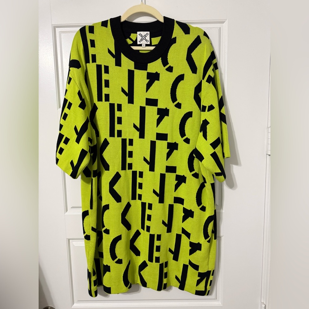 Kenzo Neon Green and Black Graphic Sweater Dress
